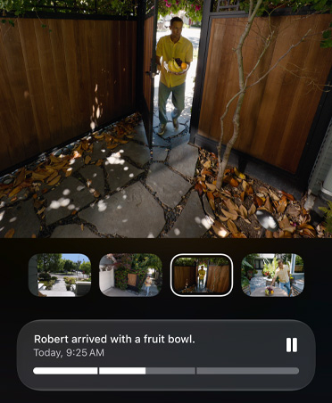 HomeKit video camera screenshots of person entering a gated backyard, AI-generated description displayed is, Robert arrived with a fruit bowl, Today, 9:25 AM