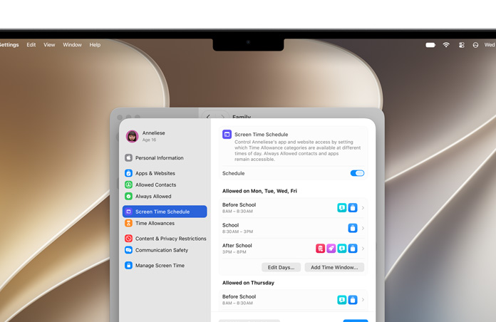 MacBook Pro screen shows Time Allowance and Screen Time Schedule options in Settings to allow time and media categories for their child