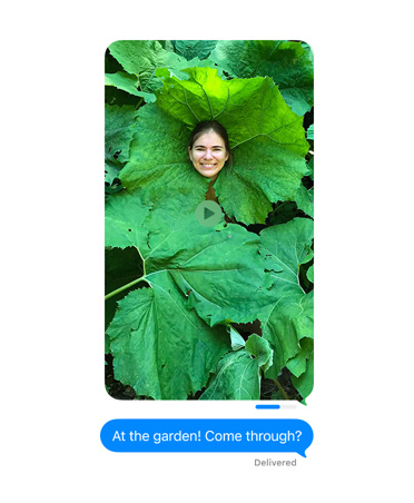 Screen shows a photo of a person posing in a leafy plant being sent in Messages with a send indicator status bar showing the send progress, sent message under image, text reads: At the garden! come through?