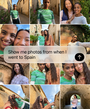Query for Siri AI to retrieve recent vacation photos, text of query overlays photo grid