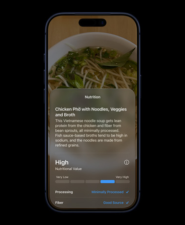 iPhone 17 Pro, Deep Blue, front screen, displays in Siri mode in Camera interface, showing nutrition facts about a food item identified with Visual Intelligence, screen shows  detailed information about chicken phở, including common ingredients and nutrition information