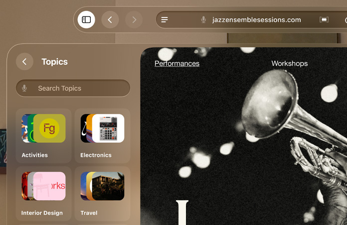 Apple Vision Pro with Safari open, Reading List grouped by topics visible