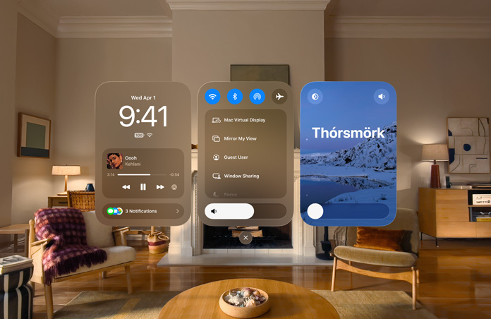 Apple Vision Pro view with three windows open, left to right, Date and Time with media player control, Connectivity controls, and display settings
