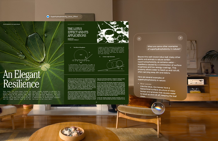 Apple Vision Pro view of a report on the left and a query for Siri with responses on the right
