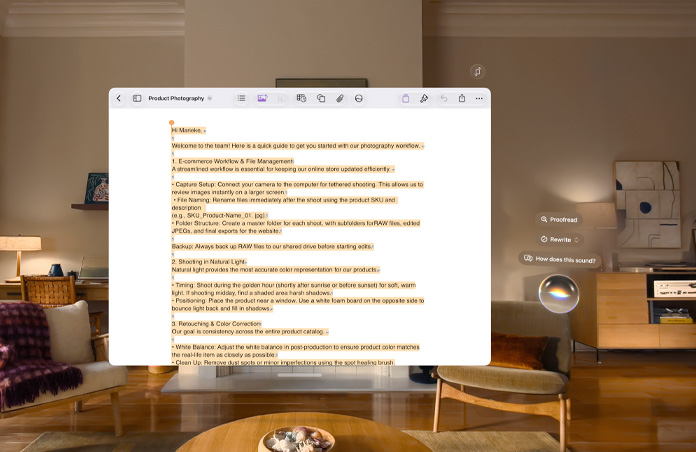 Apple Vision Pro view, a document regarding photography practices is open and Siri writing prompts hover to the side of it, prompts include Proofread, Rewrite, and How does this sound?