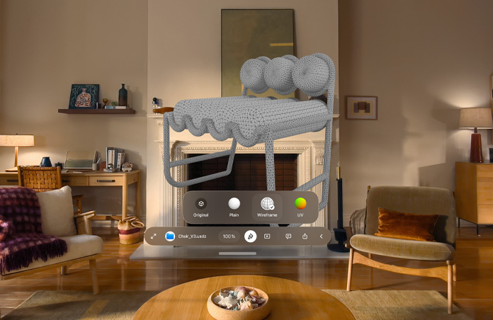 Apple Vision Pro view showing a Quick Look notification window referencing a USDZ file of a chair, a wireframe of a chair is visible behind the window