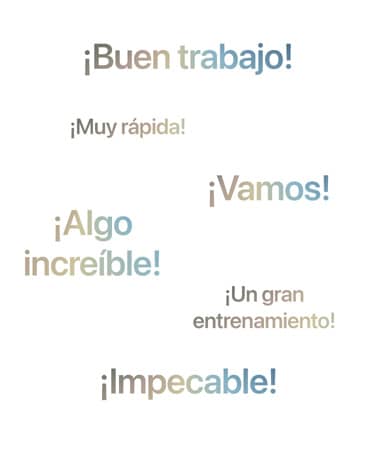 White screen showing example Spanish phrases used by Workout Buddy.