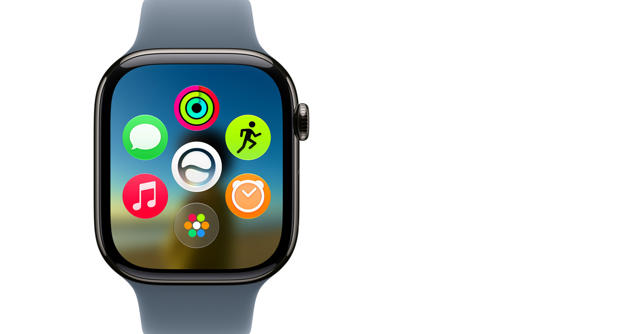 Apple Watch Series 11, Titanium Slate, showing the Dynamic app grid
