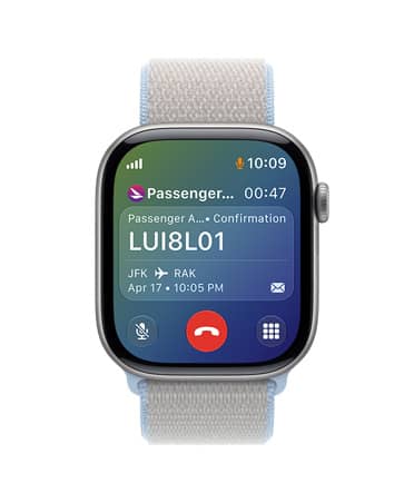 Apple Watch Series 11, Gray, bottom of screen shows an active phone call with airline customer service number, top of screen shows relevant flight information including confirmation number, departure and arrival locations, flight date and time.