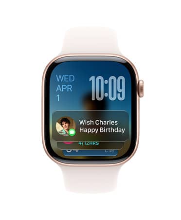 Apple Watch Series 11, Rose Gold with light blush band, face shows date at top left, time on top right, and Messages widget at bottom