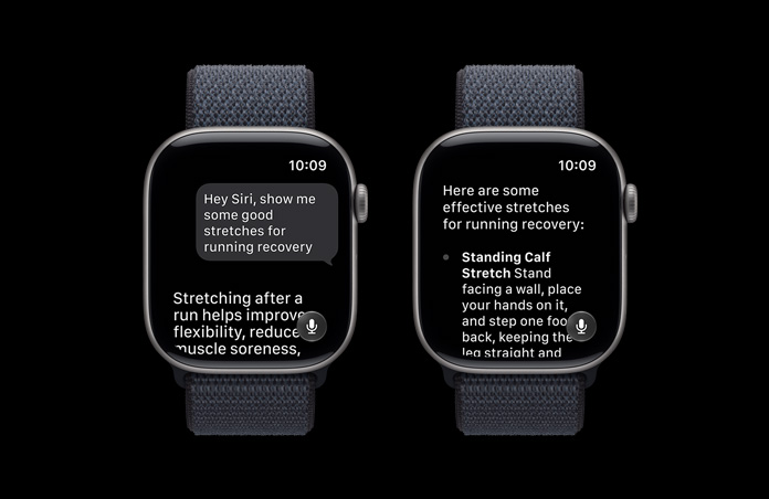 Apple Watch Series 11, Gray, showing a Siri AI conversation about training