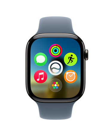 Apple Watch Series 11, Titanium Slate, showing the dynamic app grid