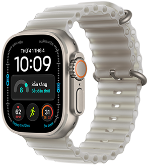 Apple Watch Ultra 4, titanium case, natural color, Modular watch face, complications: day and date, readiness, heart rate, Run workout, Weather, right side exterior, Digital Crown, raised side button, Ocean Band, translucent gray color