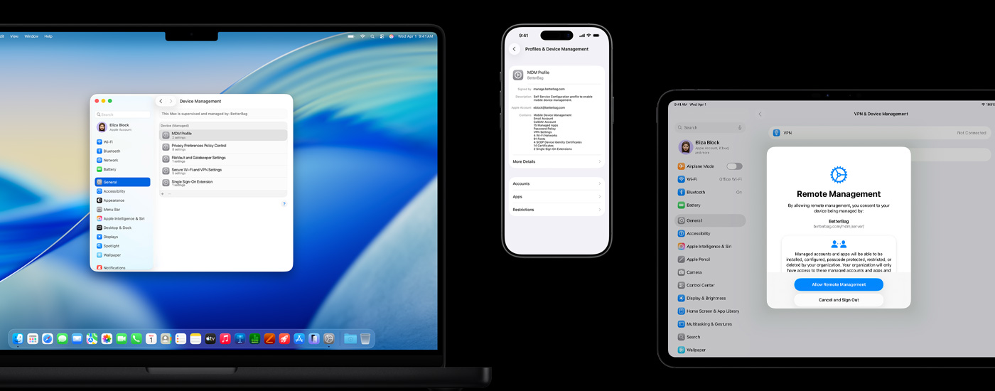 Màn hình của ba thiết bị Apple: Ở bên trái, máy tính Mac hiển thị cửa sổ Quản Lý Thiết Bị.  Ở giữa, iPhone hiển thị cài đặt hồ sơ MDM (Quản Lý Thiết Bị Di Động). Ở bên phải, iPad hiển thị cửa sổ Quản Lý Từ Xa.