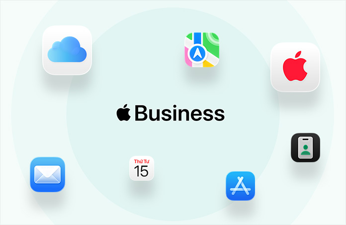 Apple Business, bao quanh là các biểu tượng ứng dụng: iCloud, Bản Đồ, AppleCare, Mail, Lịch, App Store, ứng dụng Apple Business