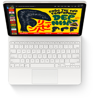 Hình ảnh nhìn từ trên xuống của iPad Air với Magic Keyboard màu trắng cho iPad Air.