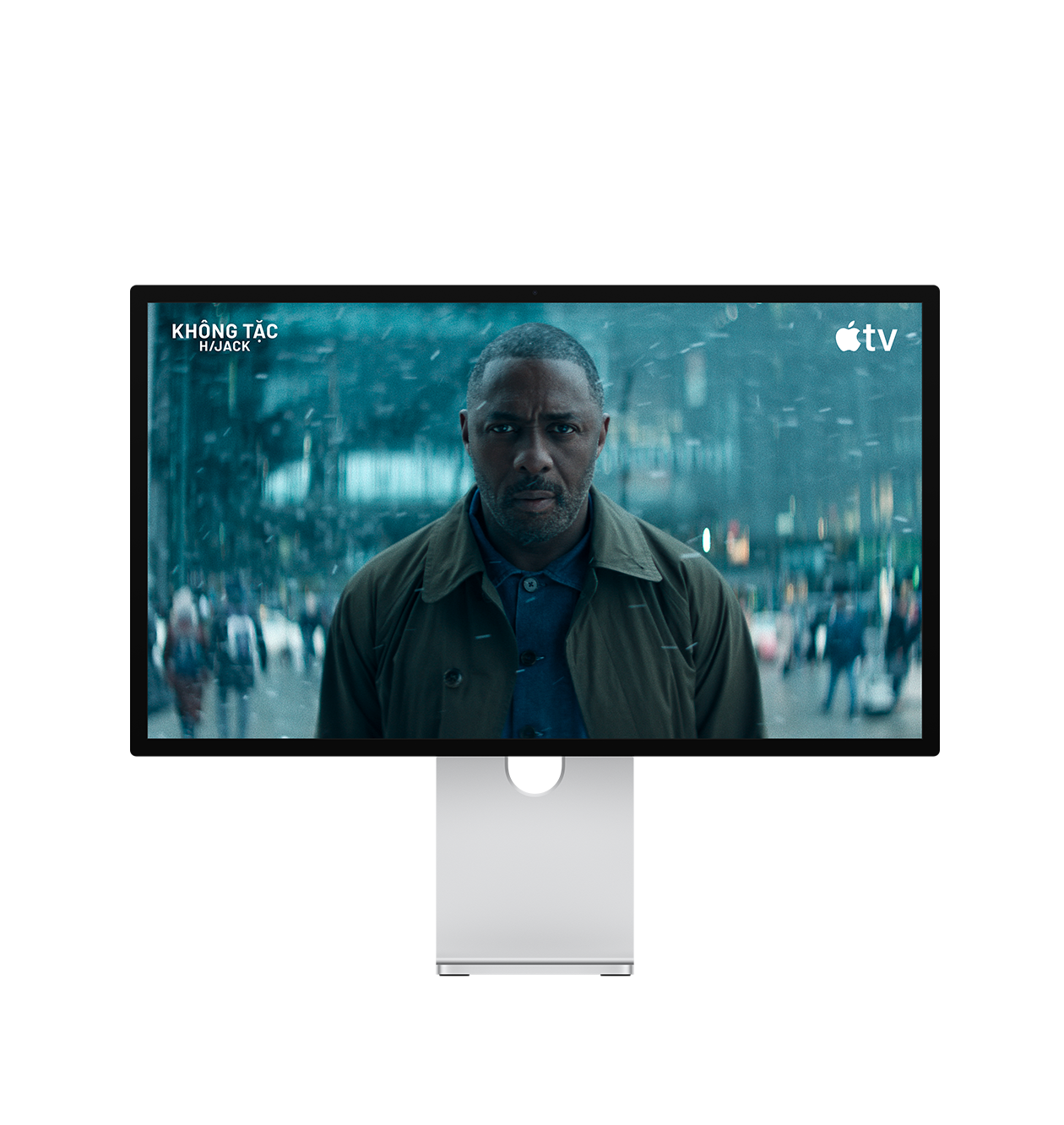 Studio Display XDR surrounded by illustrations of sound waves, scene from Hijack TV show onscreen
